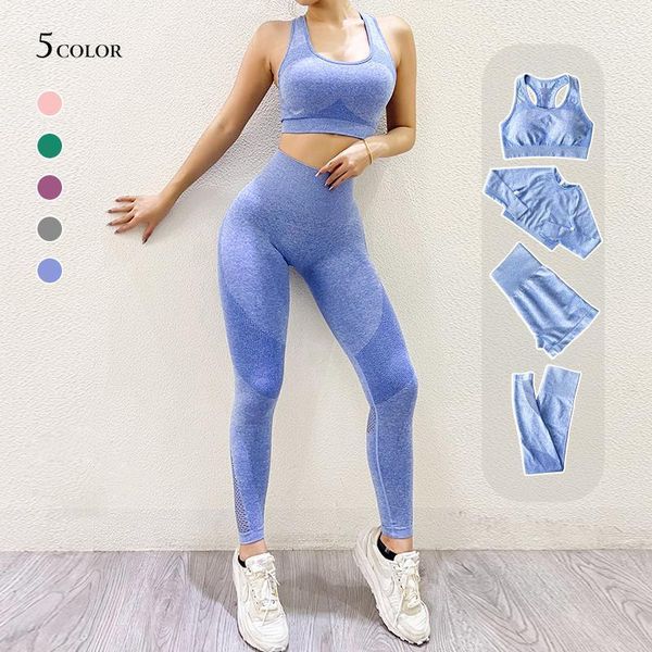 

yoga outfit 4pcs seamless women suit long sleeve crop bra shorts shirts high waist running leggings workout sports set