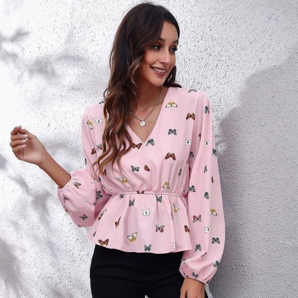 

women's blouses & shirts 2022 women shirt v-neck long-sleeved butterfly printed chiffon casual blouse blusas para mujer, White