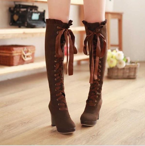 

boots high heeled suede lace up round head platform women's large 40, Black