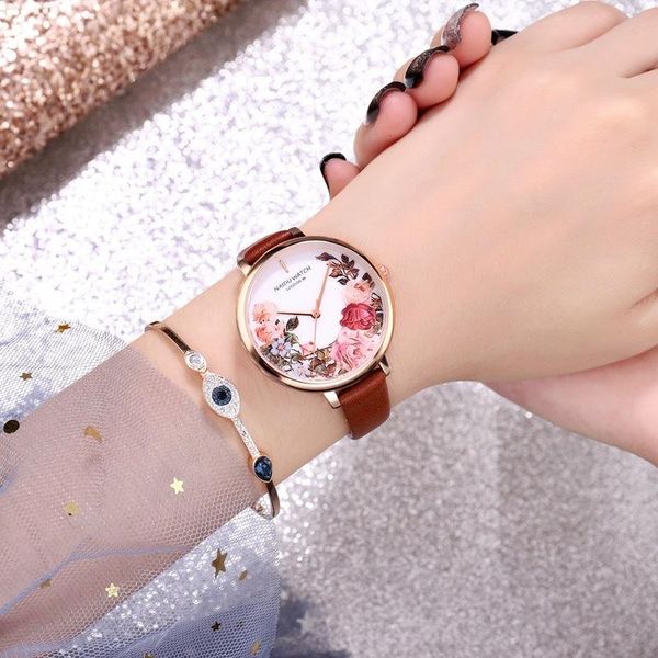 

wristwatches han edition fashion lady rose flowers and watch table big printing leisure female sell like cakes, Slivery;brown