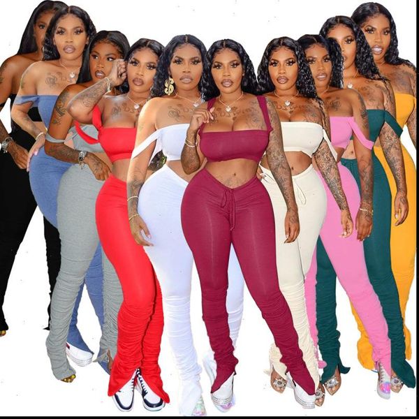 

women tracksuits 2 pieces set stacked pants fashion summer outfit strapless crop long two piece club 10 color, Gray