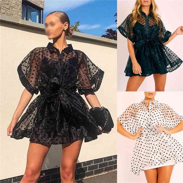 Mulheres Dress Seesh Through Festa Malha Sheer Tule Lace Polka Dot Impresso Manga Curta Cintura alta Lace-Up Roupas Beach 210522