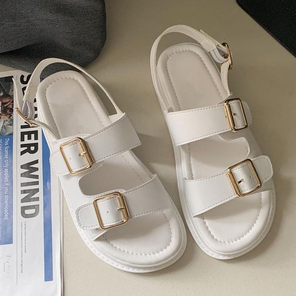 

sandals women's summer 2021 flat bottom women slippers buckles student beach shoes retro roman, Black