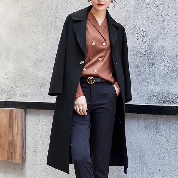 

mid long double faced wool overcoat women's clothing in autumn and winter of 2021 & blends, Black