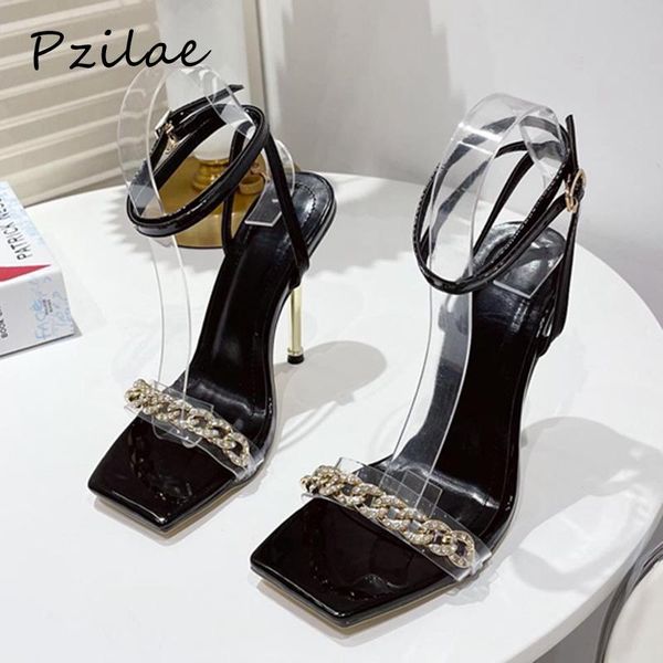 

sandals pzilae 2022 summer woman shoes metal heel rhinestone chain party pumps high heels ankle strap ladies black