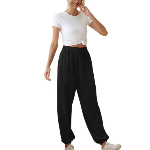 

women's sportswear trousers 2021 autumn solid high waist loose wide leg bottoms pants woman running jogger pant with pockets & capris, Black;white