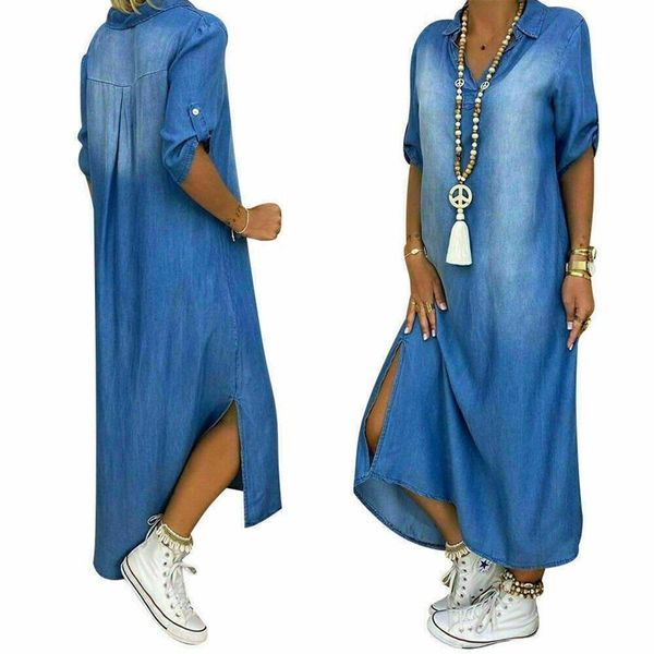 

party dresses 2021 summer loose vintage long denim dress women o neck oversized chic full sleeve cowboy a line female, White;black