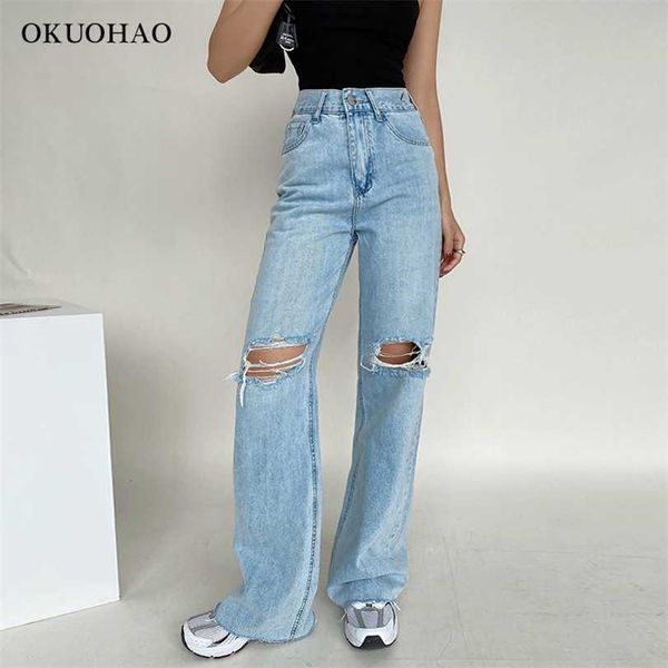 

women's fashion jeans high waist ripped wide leg loose denim trousers for female baggy mom straight pants casual y2k jean 211118, Blue