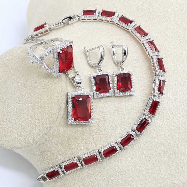 Kadın Kostüm Kırmızı Zirkonya Gelin Takı Setleri Düğün Gümüş Renk Mücevherat Kolye Bilezik Yüzük Küpe Kolye Seti H1022