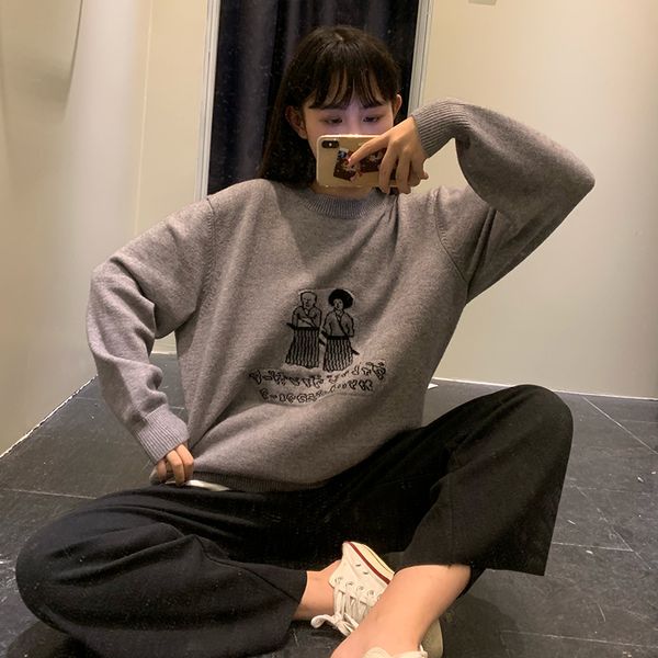

Women loose knitted Sweater Autumn and winter japanese cartoon grey Sweaters and pullovers womens (C9300), White;black