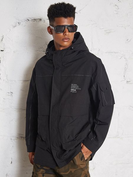 

men letter graphic flap pocket drawstring hooded jacket 42vn#, Black;brown