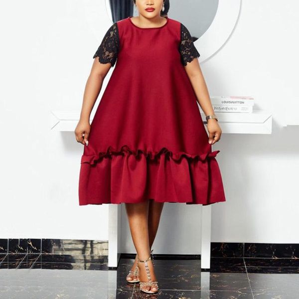 

casual dresses plus size african dress womens burgundy a line lace patchwork falbala mid calf elegant business work wear office ladies, Black;gray