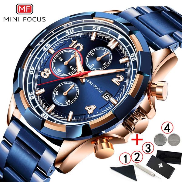 

wristwatches mini focus 2021 fashion blue watch men quartz clock metal strap multifunction calendar sports mens watches top, Slivery;brown
