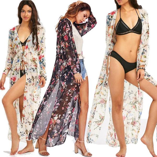 

brand 2021 women chiffon kimono long sleeve floral beach cardigan bikini cover up wrap beachwear blouse women's swimwear, White;black