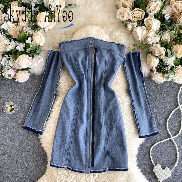 

casual dresses off shoulder strapless negative jeans dress women zipper slim backless bodycon autumn winter party vestidos, Black;gray