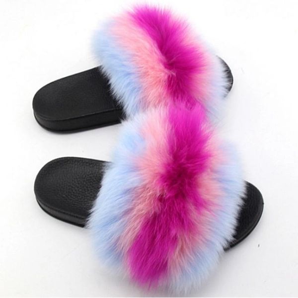 

slippers real fashion raccoon fur slides summer flip flops casual vogue sandals plush shoes, Black