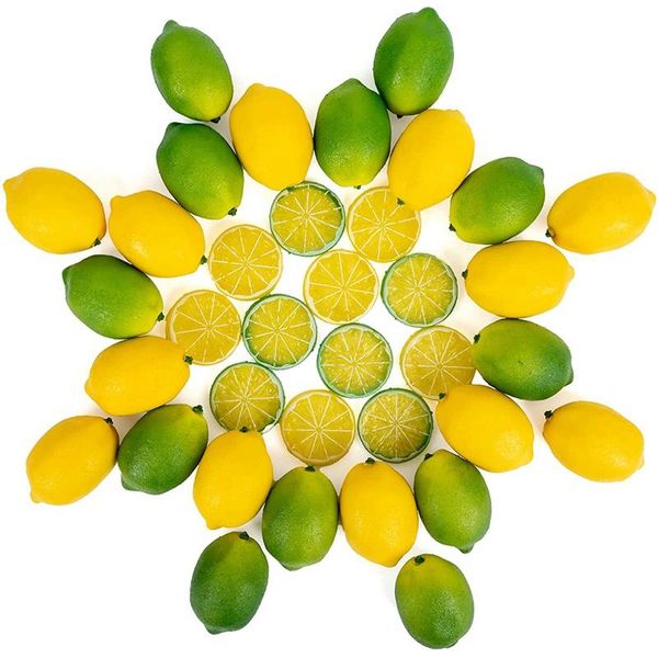 

party decoration fake lemons limes and slices set - pack of 36 decorative faux citrus fruits artificial decorations for home kitchen