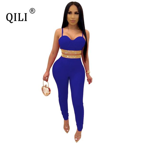 

women's jumpsuits & rompers qili women two piece set diamonds rhinestone club 2 outfits red black blue green, Black;white