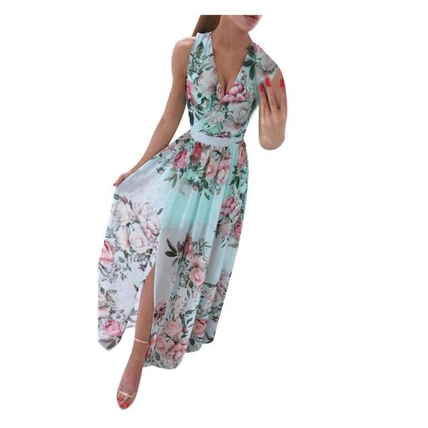 

casual dresses 40# bohemian floral printed deep v summer dress straight tank chiffon pleated 2021sleeveless long, Black;gray