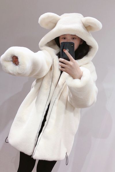 Novo inverno feminino fofo orelhas de urso com capuz pele sintética espessamento quente casaco médio longo casacos SMLXL
