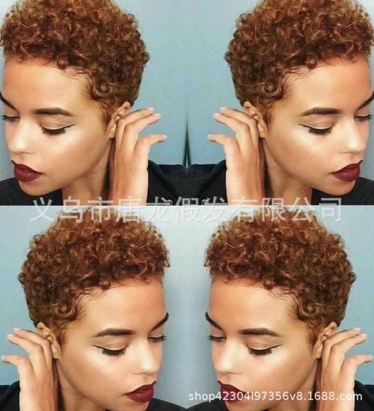 

wig explosion small curly women's short hair brown wig headgear, Black