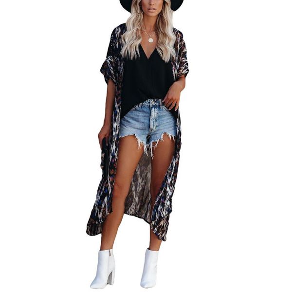 

women's swimwear middle sleeve ultra-thin cardigan bikini cover-ups girl's loose color block outwear casual see-through beach blou, White;black