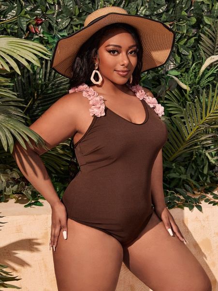 

plus appliques detail one piece swimsuit w5nh#, Black