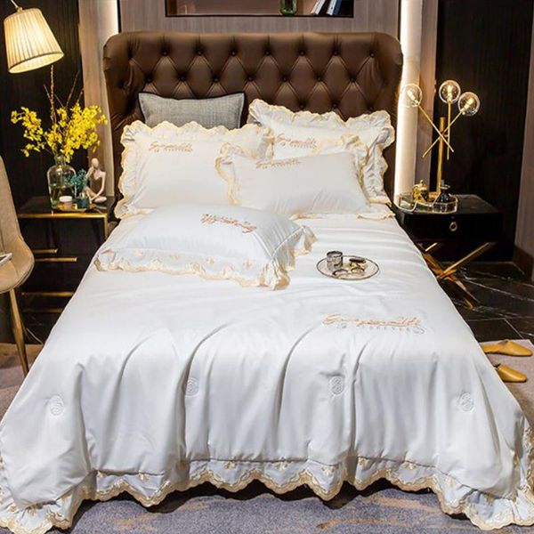 

style summer quilt set lace edge embroidery cool thin washable air-conditioning comforter solid color different size comforters & sets