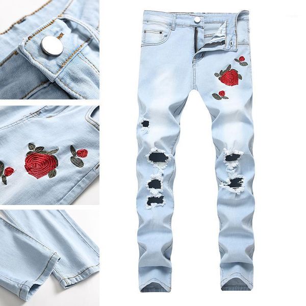 

men's jeans 2021 ripped holes motorcycle denim trousers thin patch men, Blue