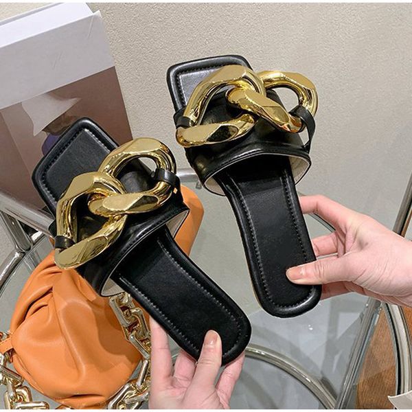 

fashion gold chain women slippers summer flat heel slides ladies shoes casual square toe outdoor beach sandal slip on flip flops jkhu5yw45, Black