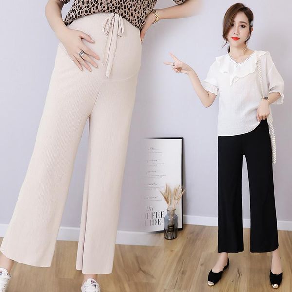 

maternity bottoms 9/10 length thin wide leg pants elastic waist belly trousers clothes for pregnant pant women ol formal work pregnancy, White