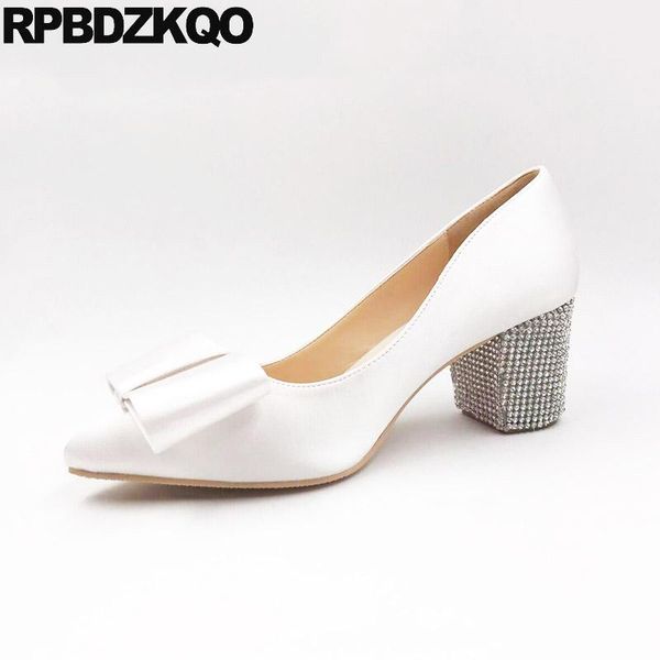 

pumps white pointed toe ivory bridal shoes thick silk satin rhinestone bow plus size women dress high heels 12 44 wedding, Black