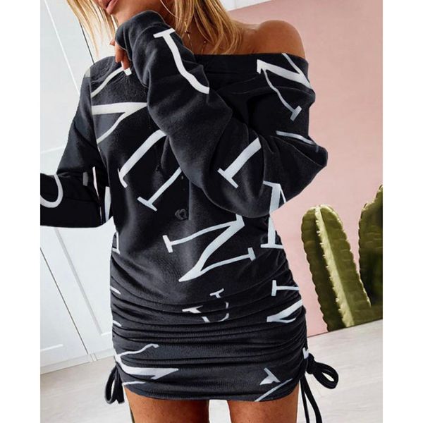 

women off shoulder drwastring ruched long sleeve sweatshirt dress elegant autumn winter dresses x0521, Black;gray