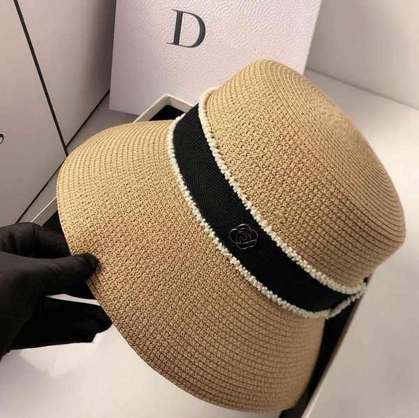 

light luxury small fragrance grain of rice pearl flat fisherman's straw hat, Black;white