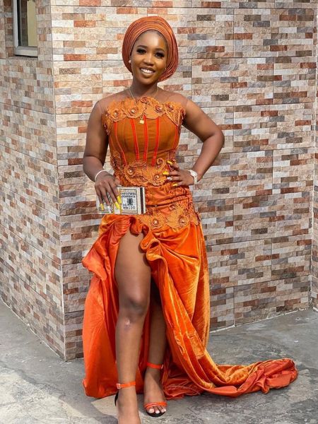 

party dresses arrival orange velvet prom lace appliques beaded front split plus size aso ebi style evening dressing gowns, White;black