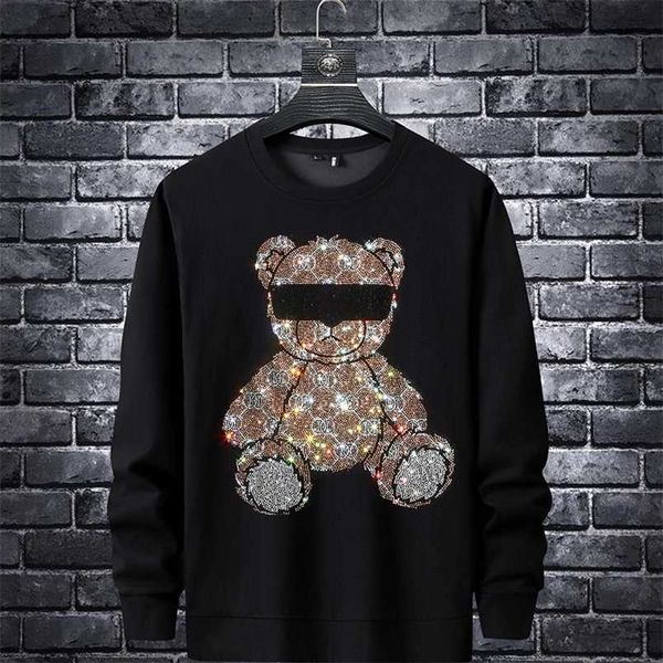 

men bear rhinestones hoodie sweatshirt fashion streetwear full pullover hoodie slim rib o neck cotton mens autumn clothes 220124, Black