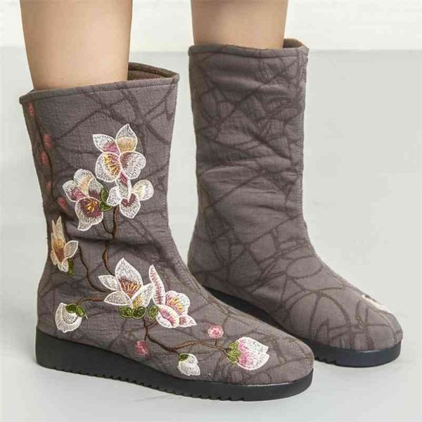 

winter women handmade embroider flower mid-calf snow boots waterproof platform wedges warm fur lining non slip zip ladies shoes 210619, Black