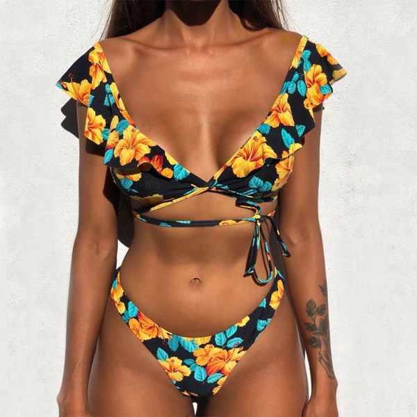 

ruffle swimwear women bikini swimsuit push up biquini feminino bandage bikinis set bathing suit female beachwear women's, White;black