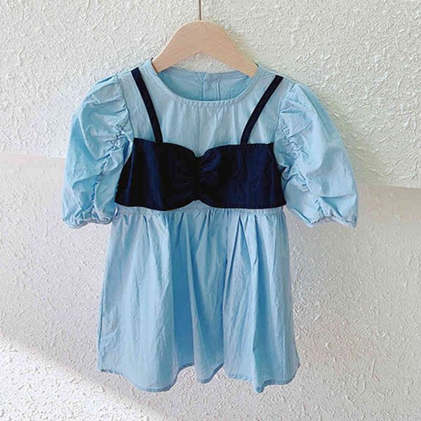 Children's Dress Bubble Sleeve Falso Dois Peece Estilo Coreano Verão Crianças Roupas Moda Menina Princesa 210515