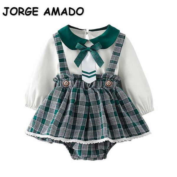 Großhandel Frühling Mädchen 2-tlg Sets Lange Ärmel Bogen Peter Pan Kragen Top + Grün Plaid Kleid Nette Kinder Kleidung E9156 210610