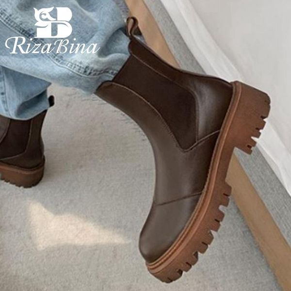 

boots rizabina women shoes real leather ankl for winter thick heels slip on short boot outdoor ins ladies footwear size 34-40, Black