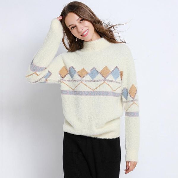 

women's sweaters 2021 fashion faux mink knitted autumn winter women sweater female warm half turtleneck loose casual pullover knitwear, White;black