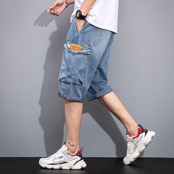 

summer big pocket calf-length pants denim overalls fashion casual drawstring elastic waist short jeans cargo male brand men's, Blue