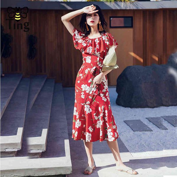 

slash neck boho ruffles mermaid dress elegant summer bohemian floral print midi party beach vestido 210513, Black;gray