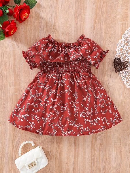

baby allover floral print shirred ruffle trim dress she, Red;yellow