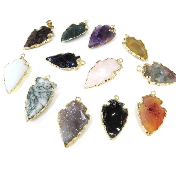

leaf arrowhead agate healing crystal pillar charm quartz blue yellow purple white semi-precious stone pendant diy jewelry making, Bronze;silver