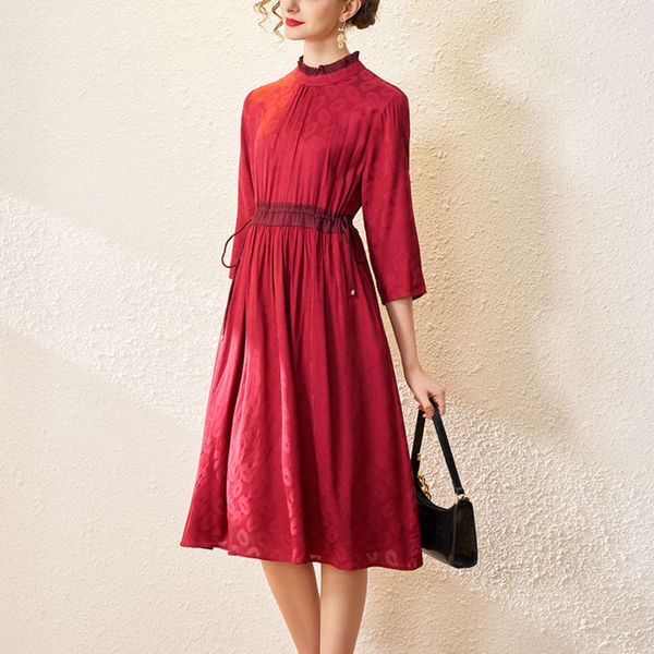 

dress dressearly spring elegant ear edge stand collar quarter sleeve drawstring lace up waist swing skirt, Black;gray