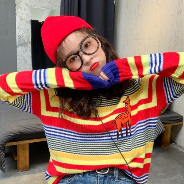 

women's sweaters multicolor stripe sweater cartoon deer embroidery pullover women casual fashion knitting winter clothes, White;black