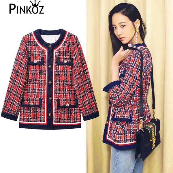 

autumn wintertweed red plaid jacket women coat abrigos mujer invierno double classic long sleeve casacos luxury 210421, Black;brown