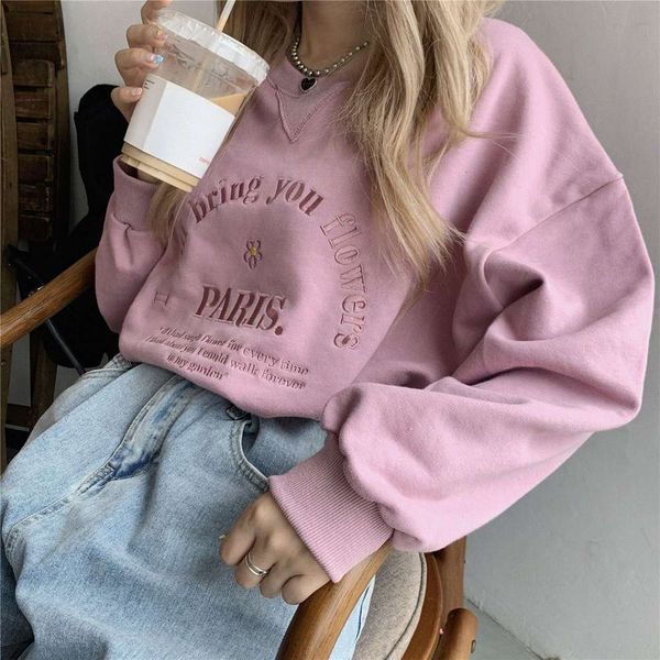 

qianchun splicing thread round neck sweater women's spring and autumn korean loose letter flower embroidery women, Black